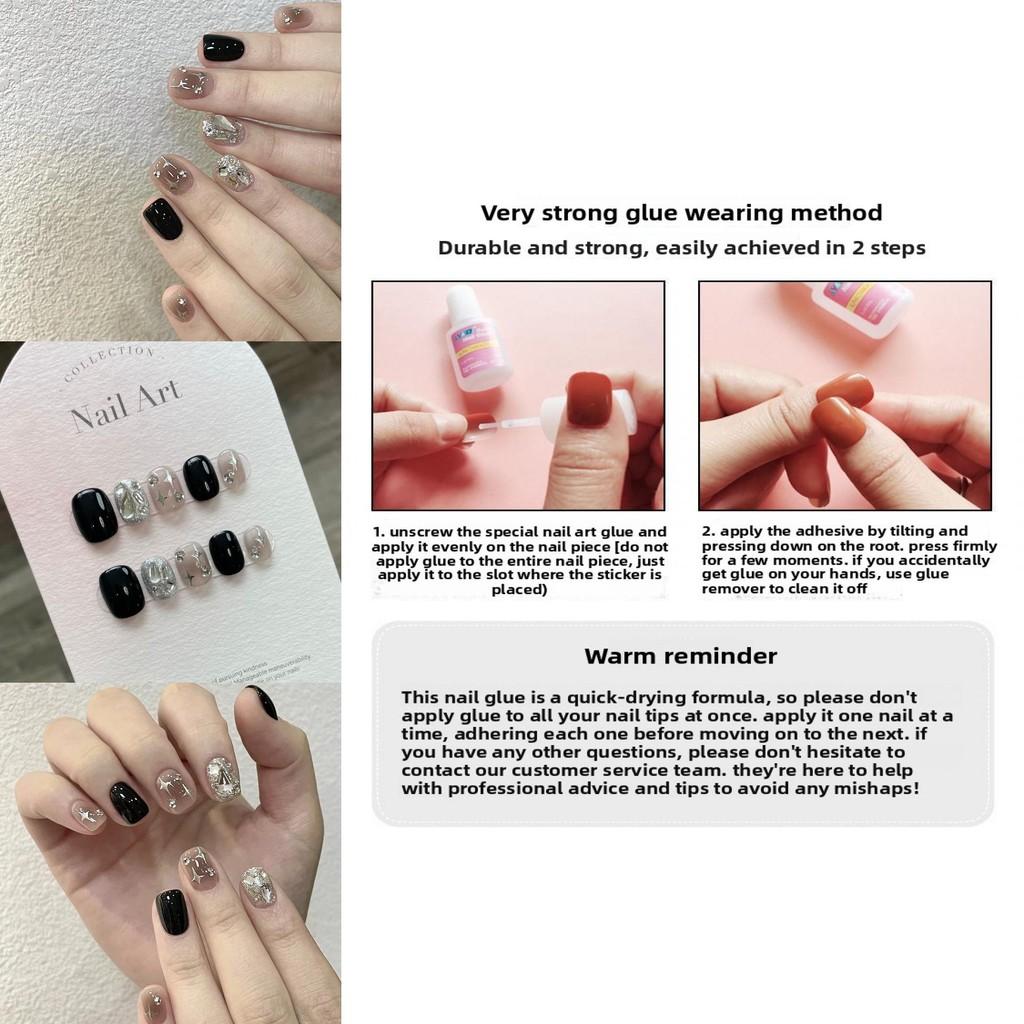 Fashionable Fake Nail Tips With Black Sparkling Water Diamoans And Star Design For Teen Girls And Students