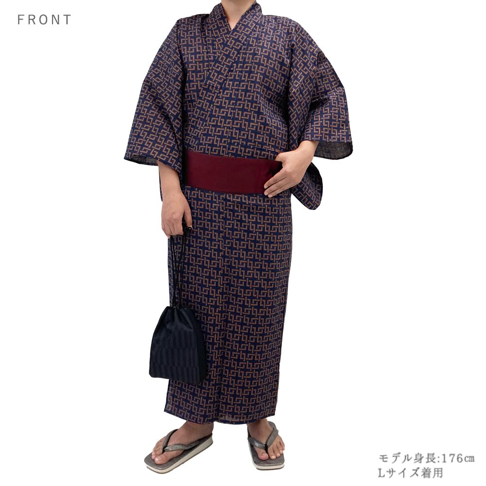 Kimono Yukata Set obi Waterfall Sayagata White and Navy [Kyoto Yuzen] Men's (2 pieces) Cotton, One-touch belt, Men's kimono, pattern, design, (Navy,