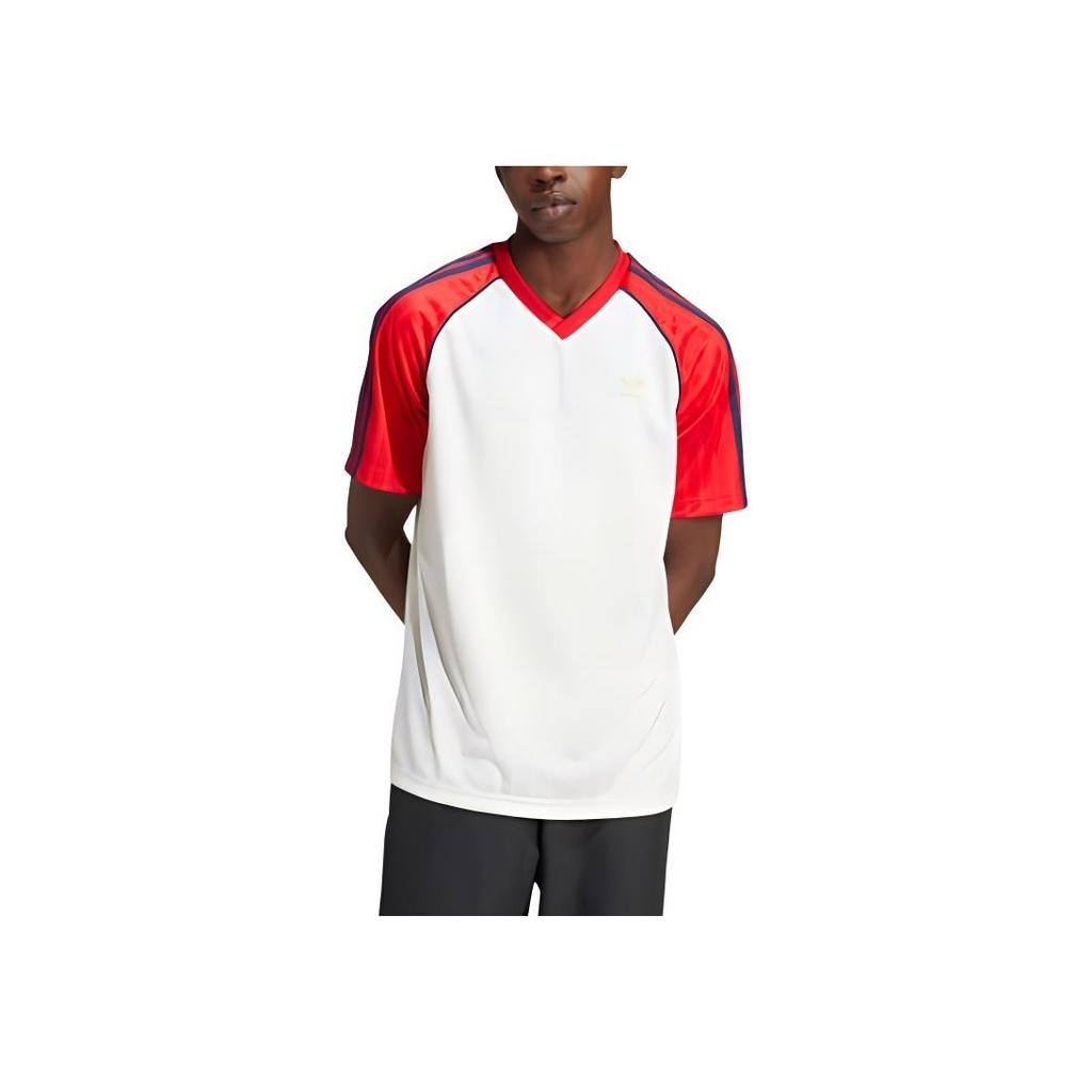 adidas Originals Sst Engineered Polyester Jersey Striped Color Block V-Neck Short Sleeve T-Shirt Men Tops Light-Crimson IY4857