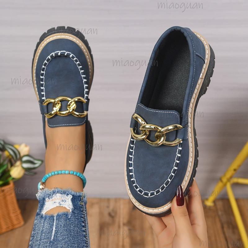 New Autumn Loafers for Women Plus Size 36-43 Metal Buckle Casual Shoes British Style Women's Shoes Chunky Heel Platform Pumps