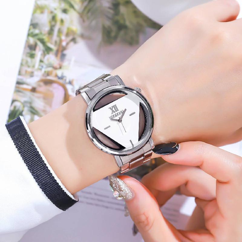 Elegant Triangle Dial Watch Hollow Design Fashionable Steel Band And Glass Surface