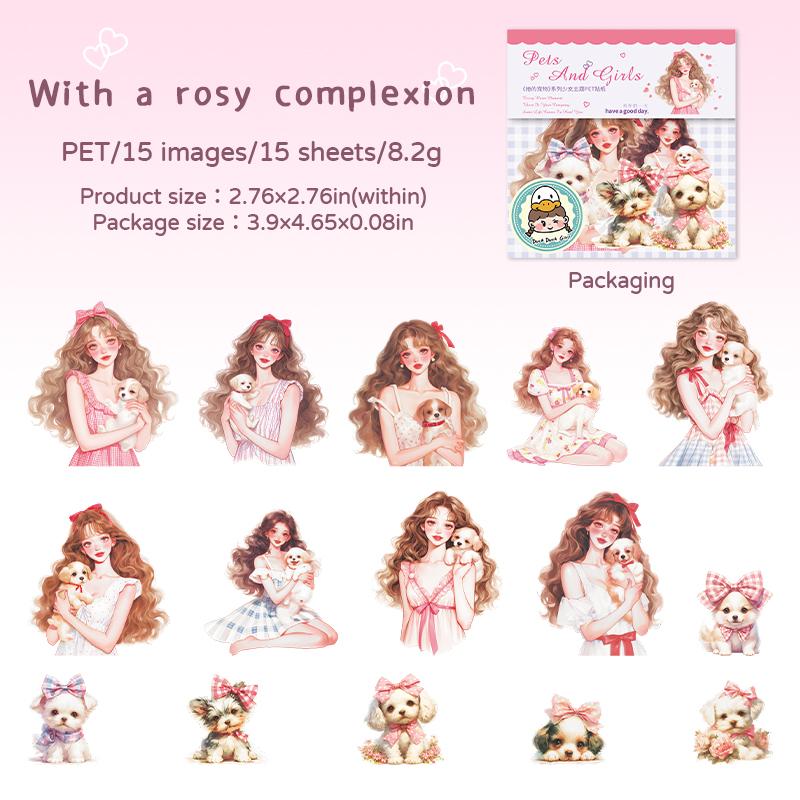 

15 Sheets/bag Landscape Stickers PET Her Pet Series Windowsill Girl And Pet Theme Stickers DIY Decoration Supplies Stickers рожевий
