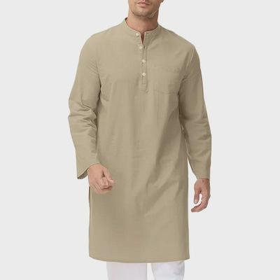 Men's National Costume Cotton Long-Sleeved Robe Henley Shirt with Side Slits and Buttons.