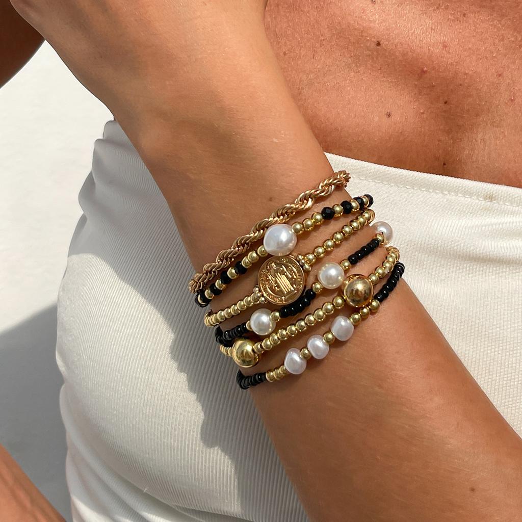Creative Ccb Crystal Beaded Imitation Pearl Bracelet, Metal Portrait Tag Stacked Elastic Jewelry