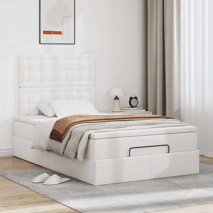 Cadre de lit avec matelas - 120x190 cm - Similicuir blanc - Rangement sous le lit - Mécanisme hydraulique