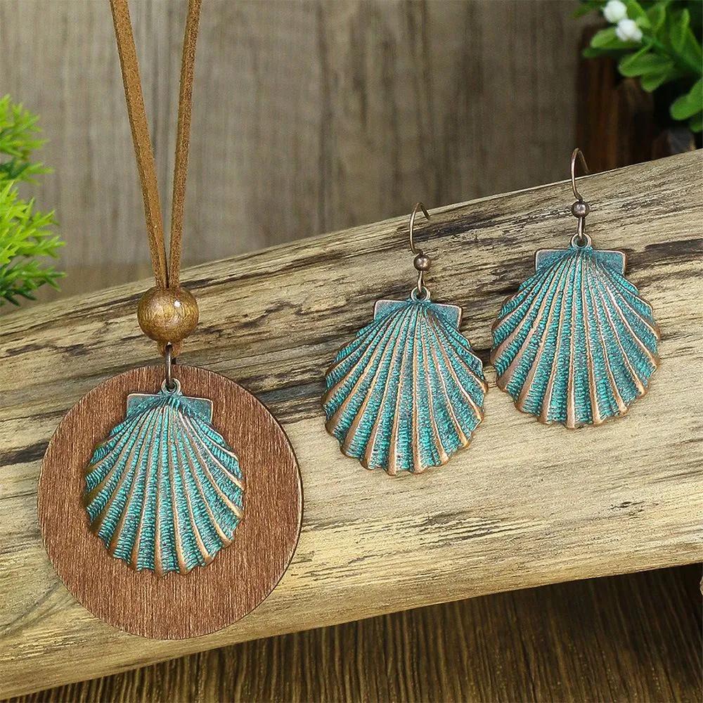 Ethnic Style Retro Alloy Wood Pendant Necklace Earring Set
