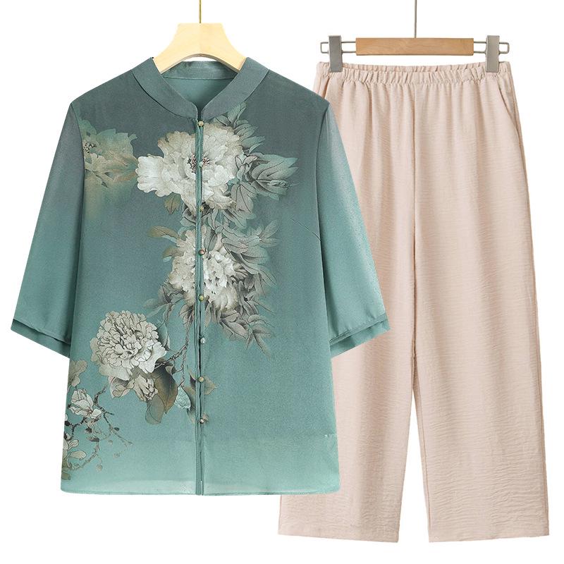 Summer Style Chiffon Cardigan for Elderly Mothers - Mid-Sleeve Chinese Design