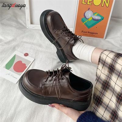 Vintage Schuhe mit dicker Sohle Oxford-Schuhe Herbstbraun Leder Schnürschuhe Damenmode Slipper Schwarz