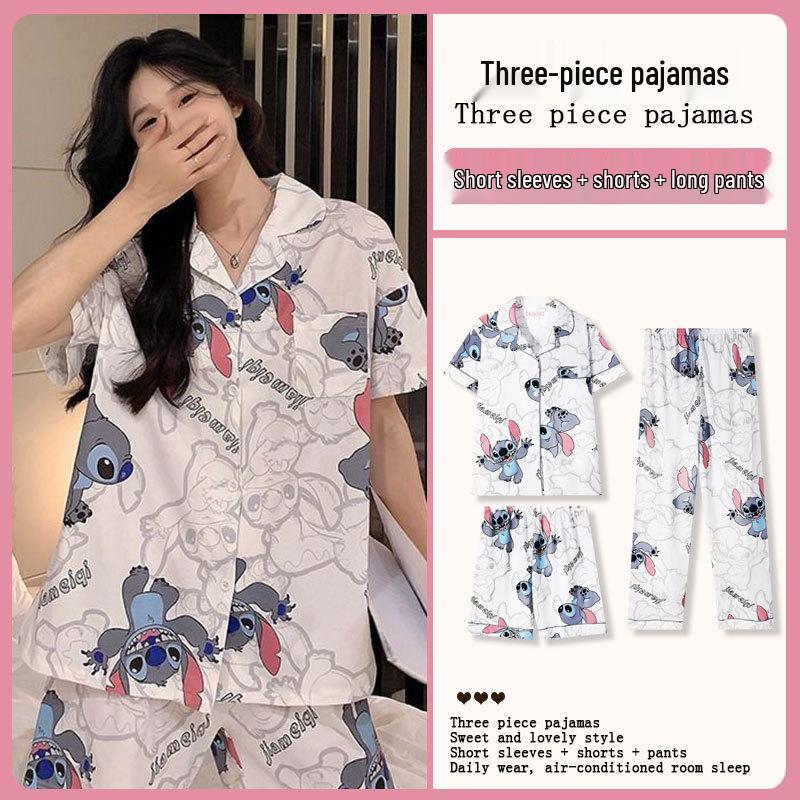 Kuromi Japanese-Style Cotton Pajamas: Women's Summer Lapel Sweet Cardigan Homewear Three-Piece Set