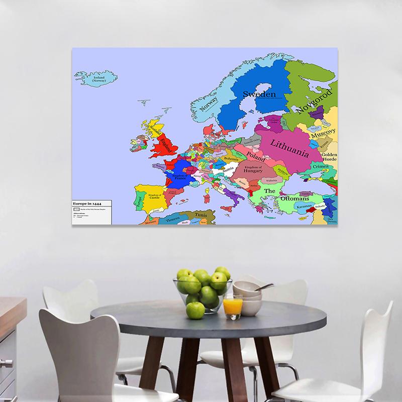 Stampa su Tela Mappa Politica Storica dell'Europa 1444, Arte Murale di Storia Medievale per Studio Sala Giochi Ufficio Decorazione, Poster Educativo Vintage Senza Cornice