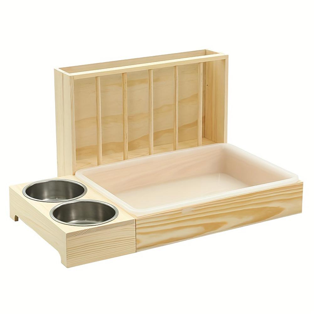 Bunny Feeder Manger with Litter Tray Hay Food Dispenser Multifunction Solid Wood Rabbit Feeder for Rabbit Hamster Guinea Pig