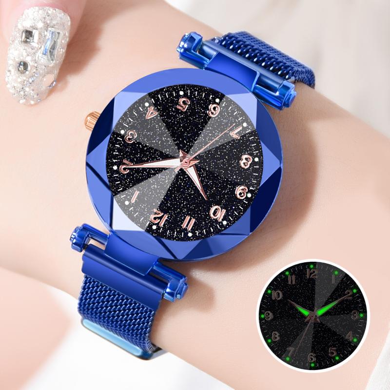 Fashion Starry Sky Watches Women Luminous Hands Black Mesh Band Quartz Wristwatches Ladies Magnet Watches Relogio Feminino