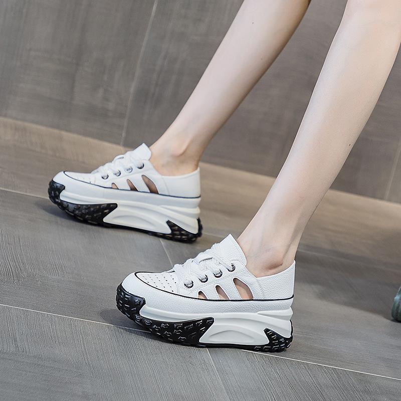 Dad shoes thick sole leather surface hollow women's summer new retro lightweight inner height increase casual sports shoes sandals