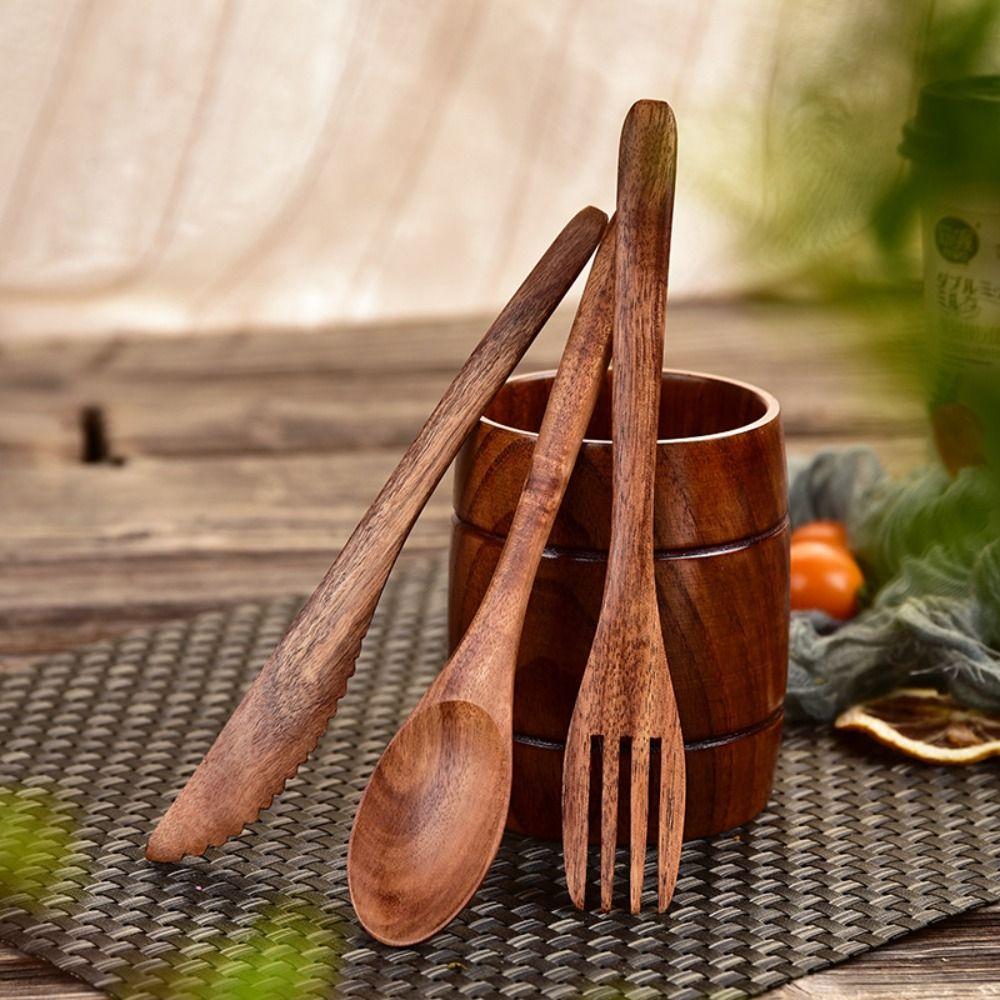 Reuseable Home Portable Acacia Wooden Flatware Utensils Set Cutlery Tableware Knife Fork Spoon