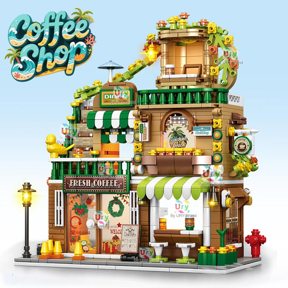 Série Ville Vue de Rue Modulaire Style Tropical Coin Café Magasin de Boissons Rétro MOC Architecture Briques de Construction pour Enfants