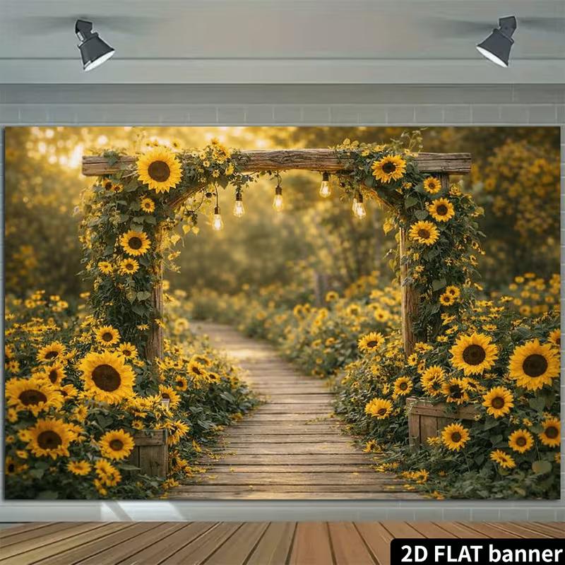 2D Rustic Garden Backdrop Sunflower Arch with Lights Portrait Studio Background