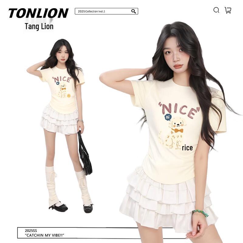 TonLion Women s Summer Slim Fit Shirred Short Sleeve T-Shirt with Cartoon Puppy Print L