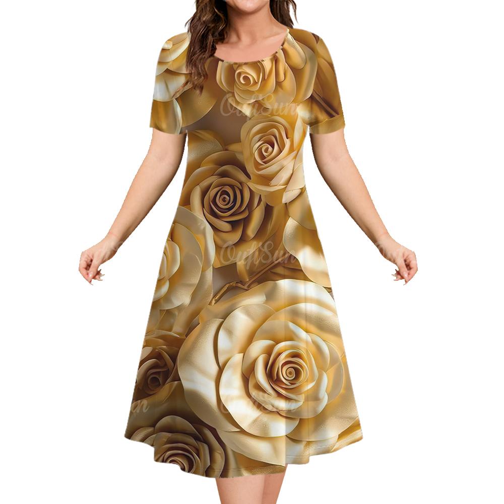 Women Summer Round Neck Short Sleeved Dress 3d Floral Pattern Casual Fashion Clothing Woman Party Elegant Long Skirt Pullover