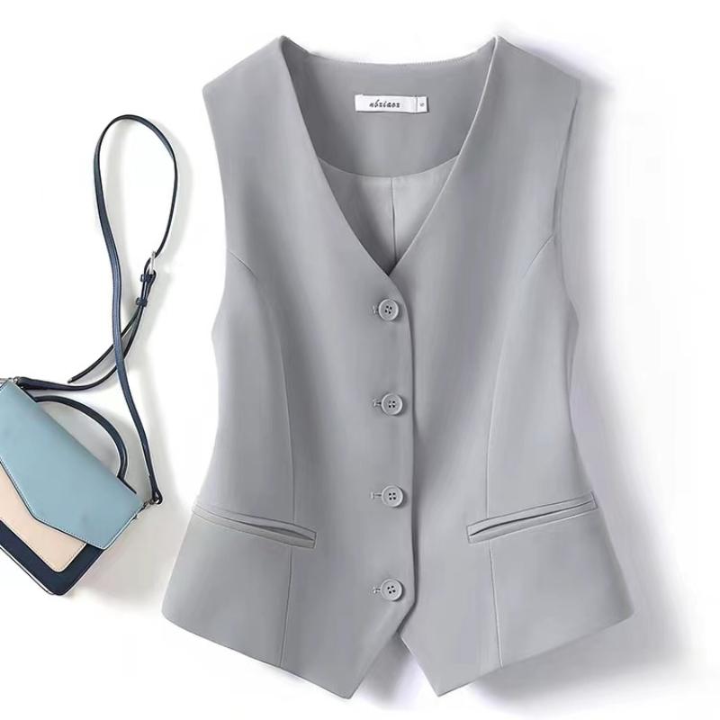 Dámská vesta s výstřihem do V, tenká volná vesta, jednořadé zapínání, bez rukávů, dámské slim krátké sako, slim knoflíky