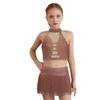 Girls Halter Sleeveless Crisscross Back Rhinestones Crop Top Tassel Briefs Skirt Latin Dance Set