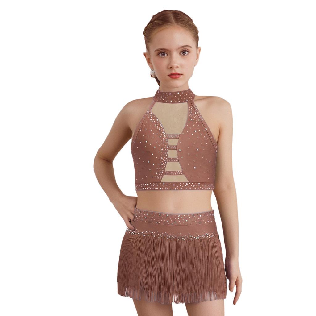 Girls Halter Sleeveless Crisscross Back Rhinestones Crop Top Tassel Briefs Skirt Latin Dance Set