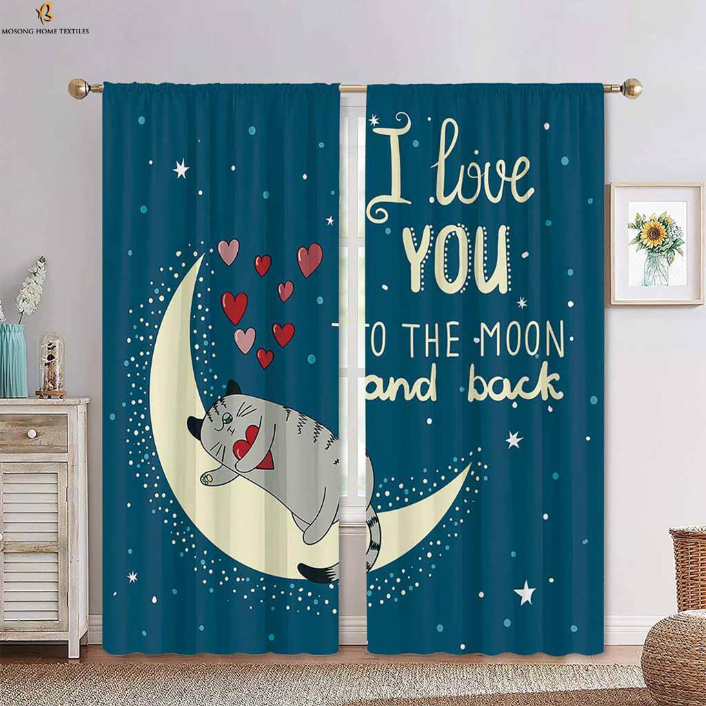Set Of 2 Cat Animal Pattern Decorative Curtains Cartoon Cute Boys Girls Bedroom Children Room Polyester Fiber Printing Curtain For Made