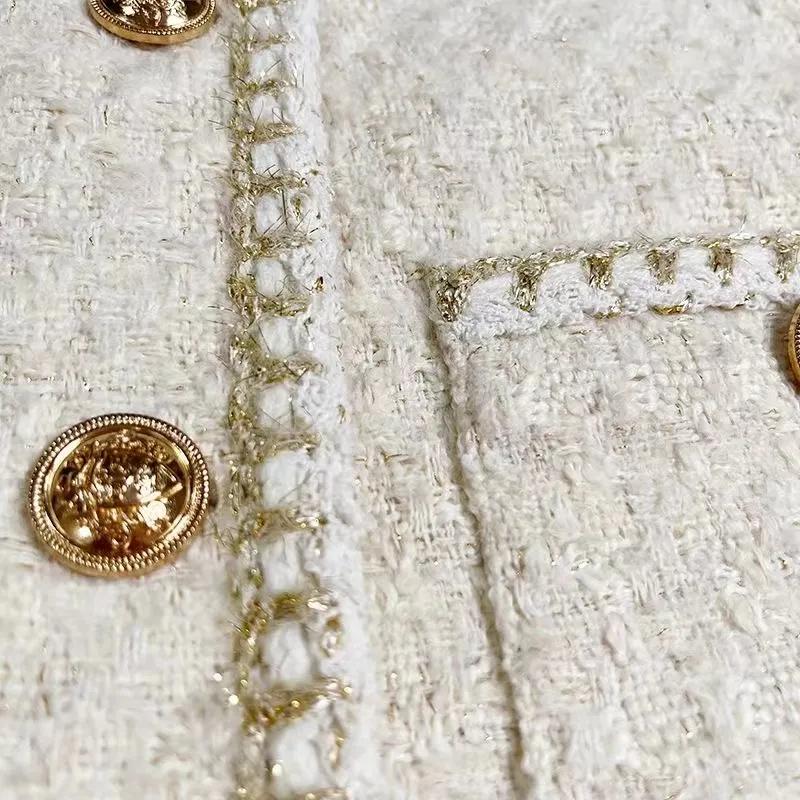 White Tweed Jackets Women Korean Long Sleeve Sweet Coat Fashion O Neck Elegant Casual Female All Match Outwear Tops