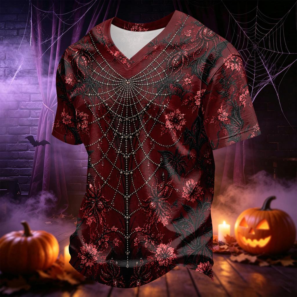 Men's V-Neck Halloween Novelty Printed T-Shirt for Holiday Party and Casual Wear