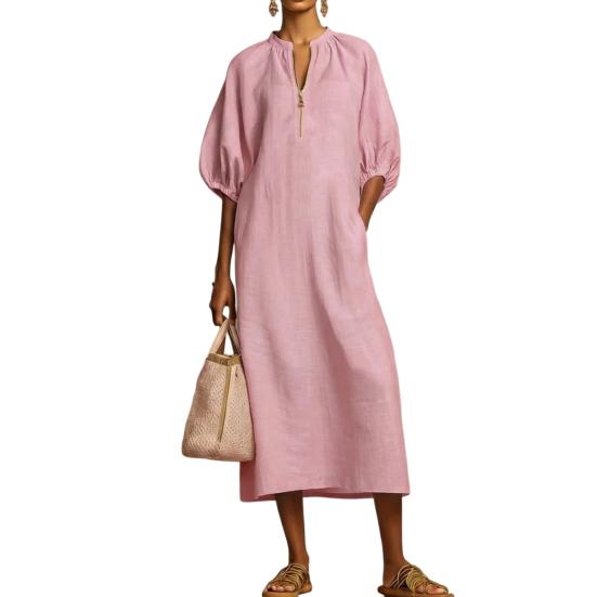 

Women s Summer Cotton Linen Dress Casual Puff Half Sleeve Long Tunic Dress Zip Up Crew Neck Loose Vacation Dress with Pockets M рожевий