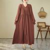 Johnature V-Neck Loose Solid Color Niche Splicing A-Line Dress Woman Spring Fashion Long Sleeves Chinese Style Dress