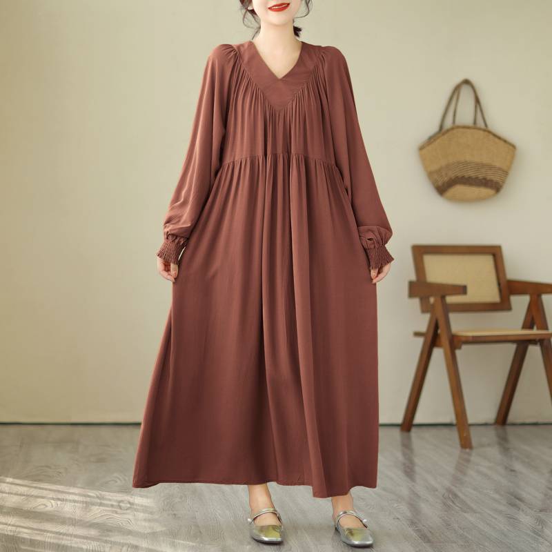 Johnature V-Neck Loose Solid Color Niche Splicing A-Line Dress Woman Spring Fashion Long Sleeves Chinese Style Dress