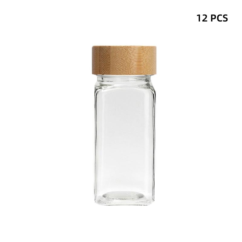 12pcs Wood Cover Glass Spice Jars Square Transparent Seasoning Storage Bottles Kitchen Salt Spices Ground Pepper Sealing Tools