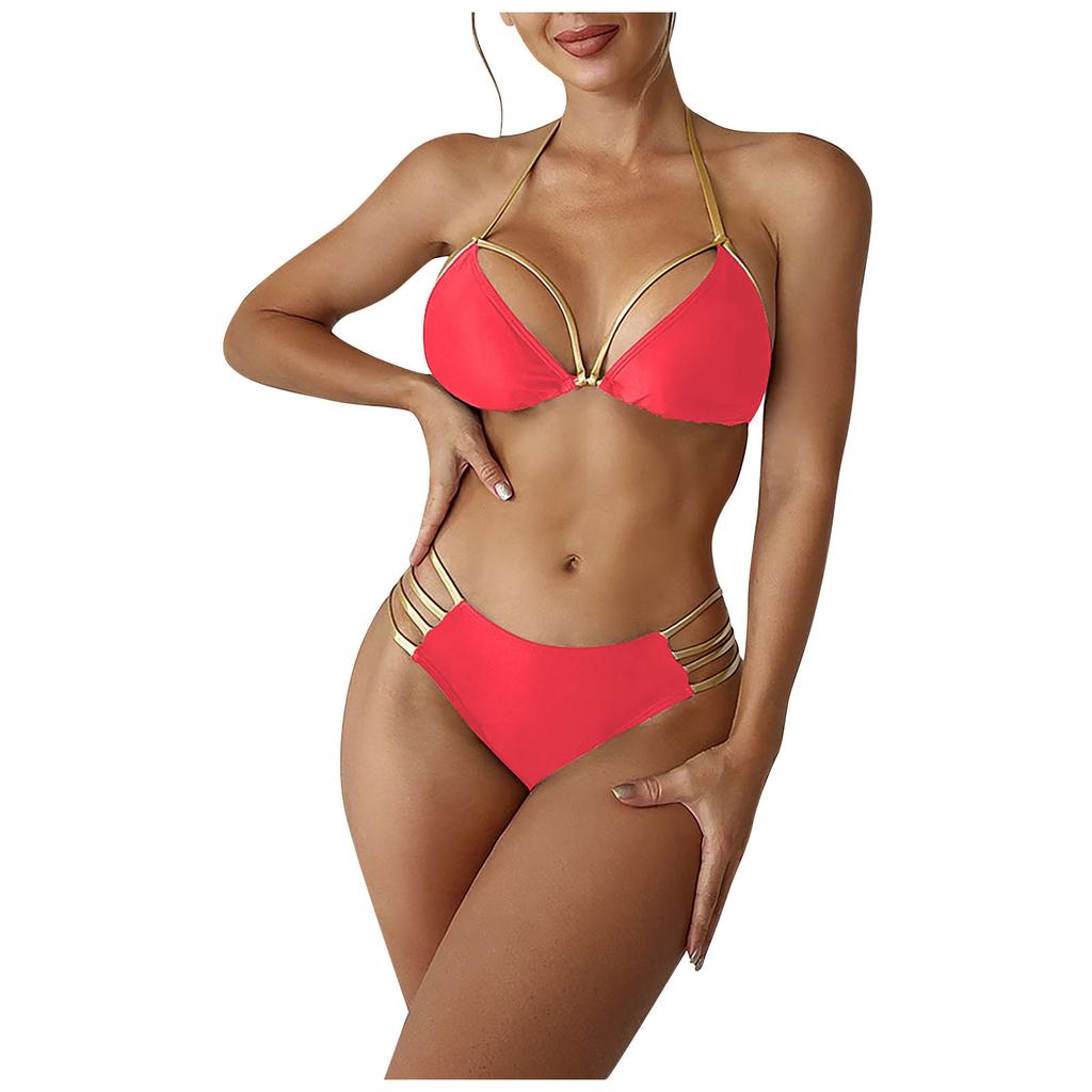 Fashion Women's Sexy Solid Neck Strap Sleeveless Split Swimsuit Bikini