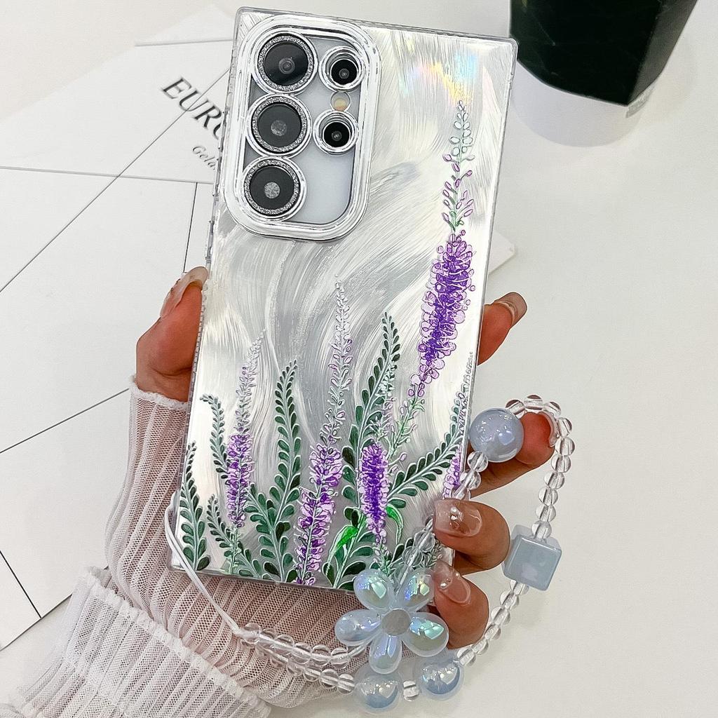 Samsung S25 Ultra Floral & Grass Lens Film Case - Full Coverage for S24 & A56, with Bracelet-style Protective Case
