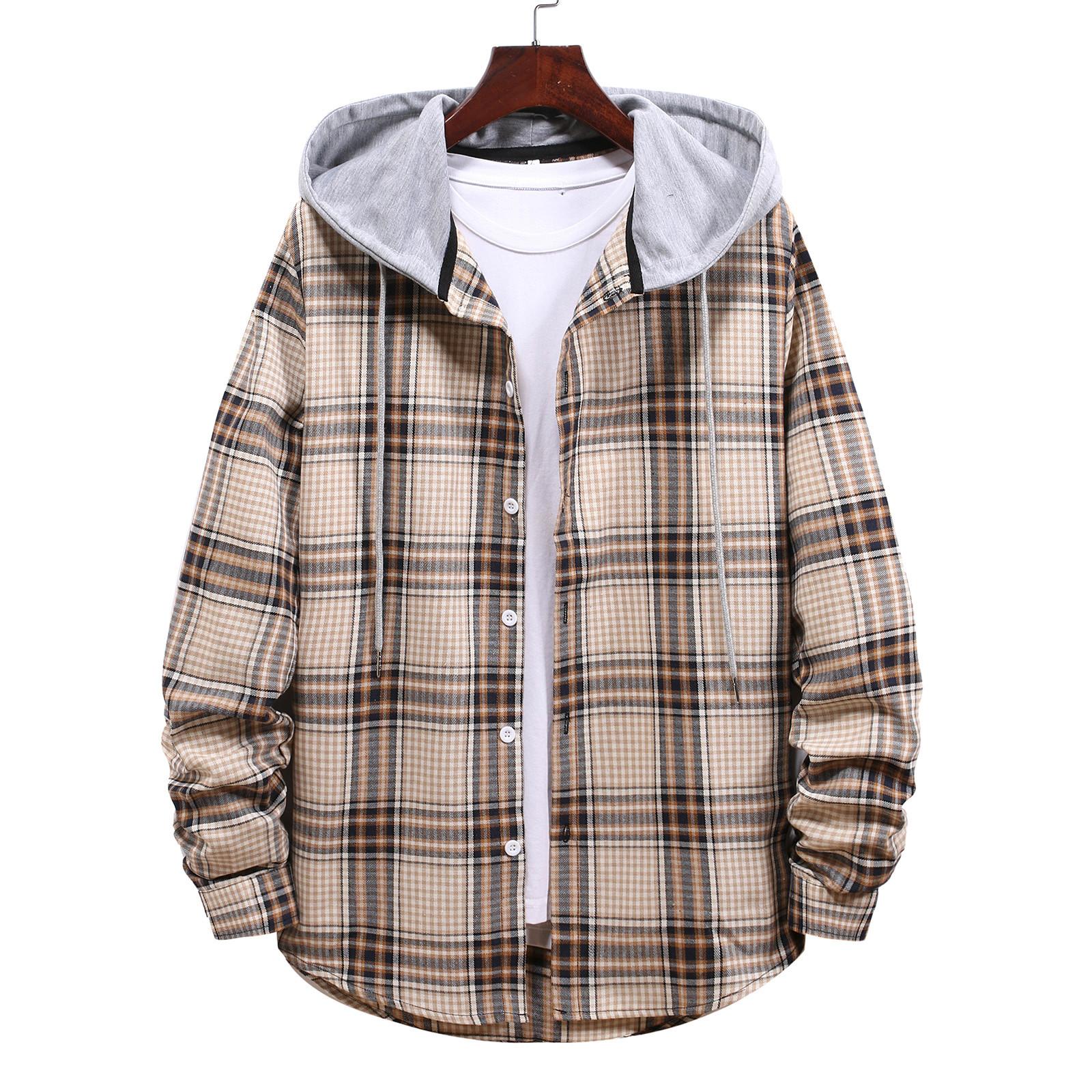 Мужская мода с капюшоном и клетчатой рубашкой с длинным рукавом курткой пальто S хаки 798₽