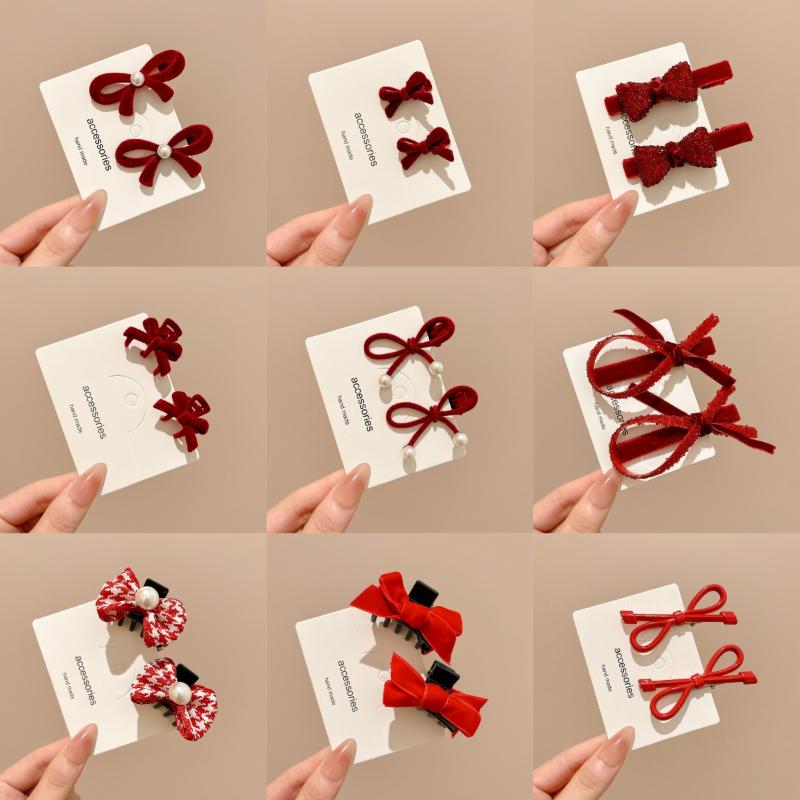 2 Stück Neujahr Rote Schleife Haarspange für Frauen Niedliche Kleine Perle Seitenclip Schleife Haarnadel Mädchen Party Kopfschmuck Haarschmuck
