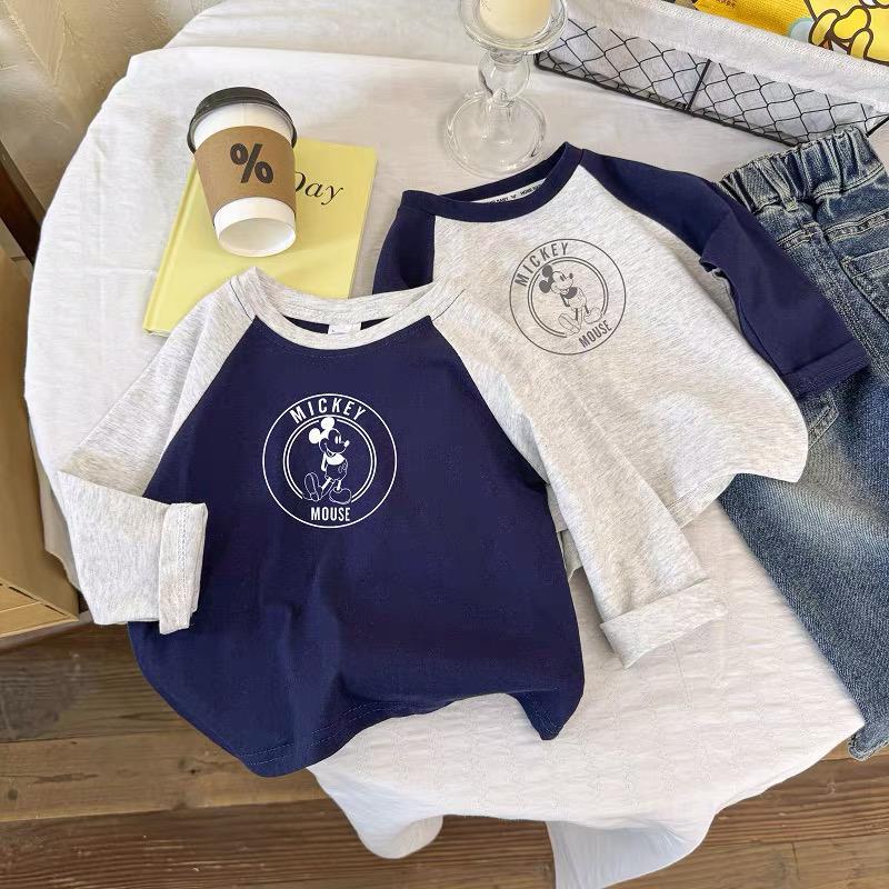 Kids Cotton Long Sleeve Block T Shirt Boys Girls Cute Cartoon Top Spring Autumn Casual Wear