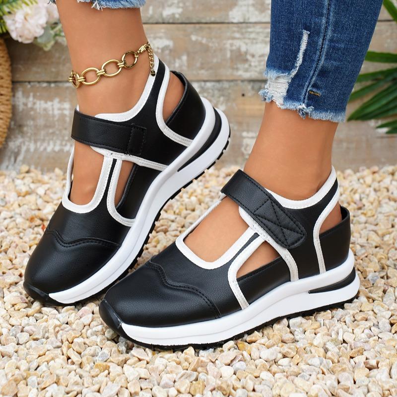 Women's Thick-Soled Velcro-Strap Color-Blocked Round-Toe Flat Casual Slip-On Shoes, Versatile European Style.