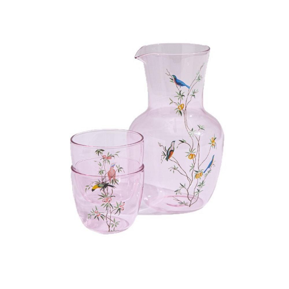 

Набір скляних глечиків для води з ручним малюнком зимородка, з 2 склянками, нічний графин і скляний глечик для холодильника - Прозоре скло рожевий