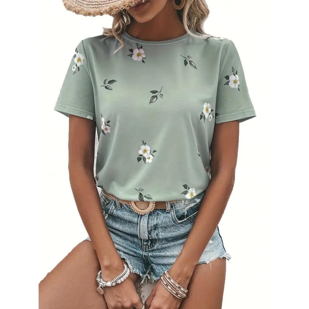 Summer Outdoor Floral Print Women's T-shirt Casual Round Neck Short Sleeve Top Street Fashion Oversize T-shirt Y2k Ladies Clothe