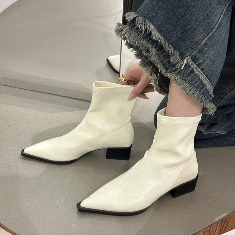 Short Boots for Women Thick Heeled Short Boot Retro Pointe Toe Ankle Boots for Women New Casual Leather Boot Botas Mujer
