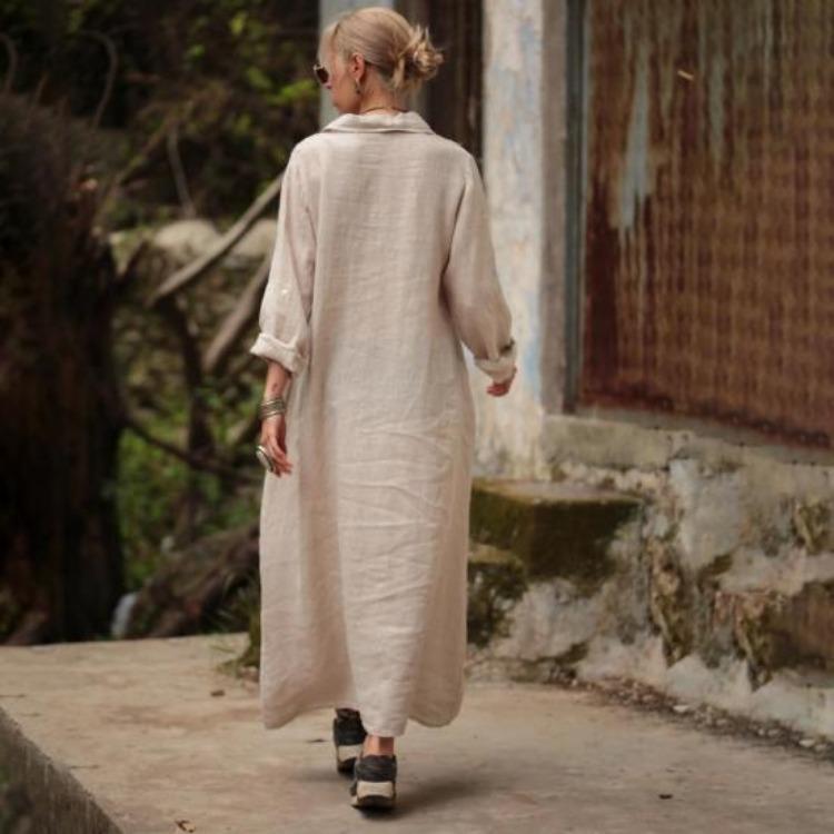 Women Summer Maxi Dress Loose Turn Down Collar Long Sleeves OL Cardigan Commute Daily Wear Pure Color Single Breasted Long Dress