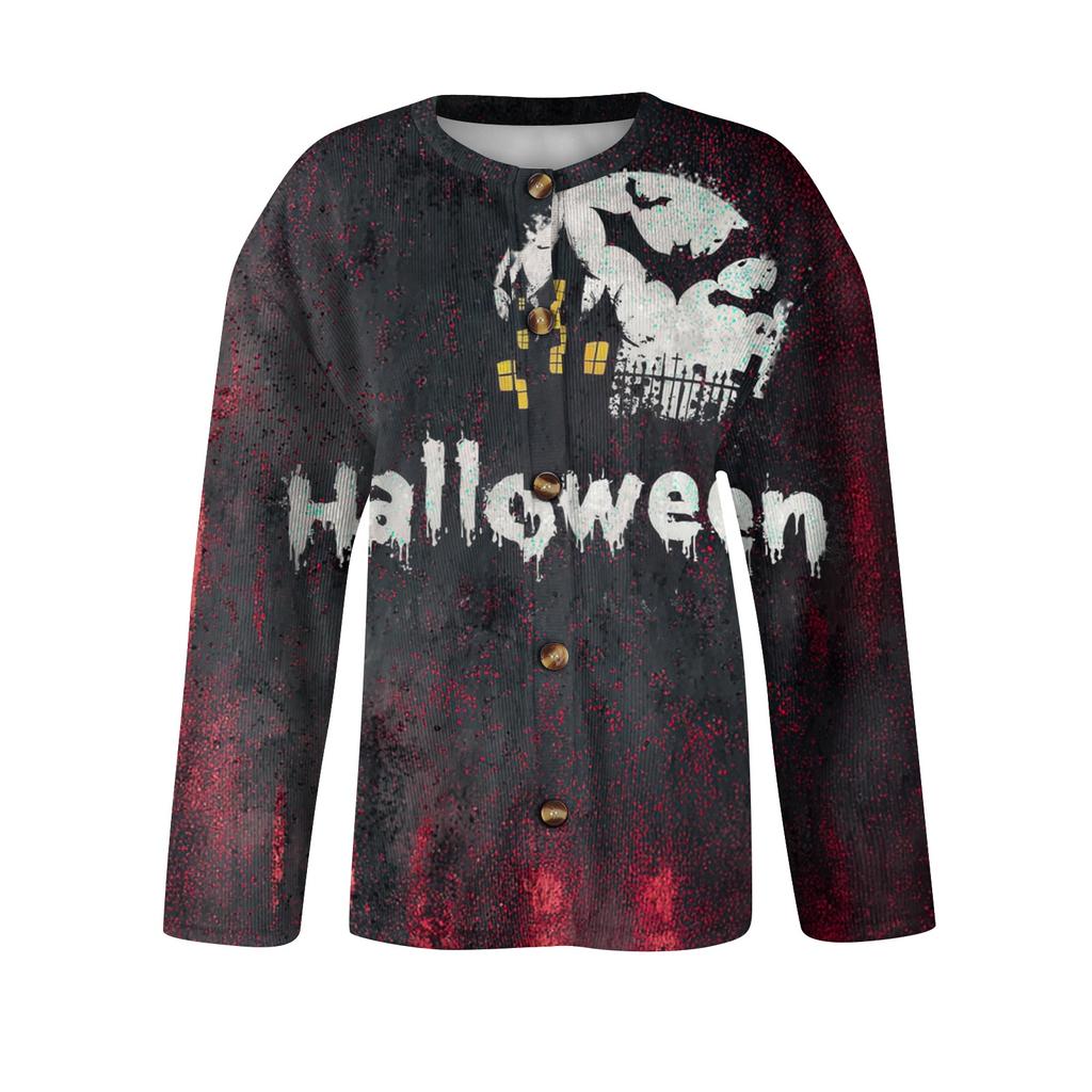 Women's Long Sleeve Knit Cardigan with Halloween Print Button Front