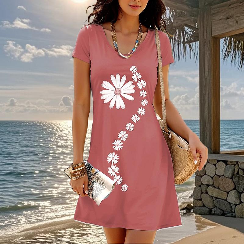 Mode für Damen, lockerer Blumen-Design-Druck, O-Ausschnitt, kurze Ärmel, Blätter-Druck, lockere Streetwear, A-Linien-Kleid