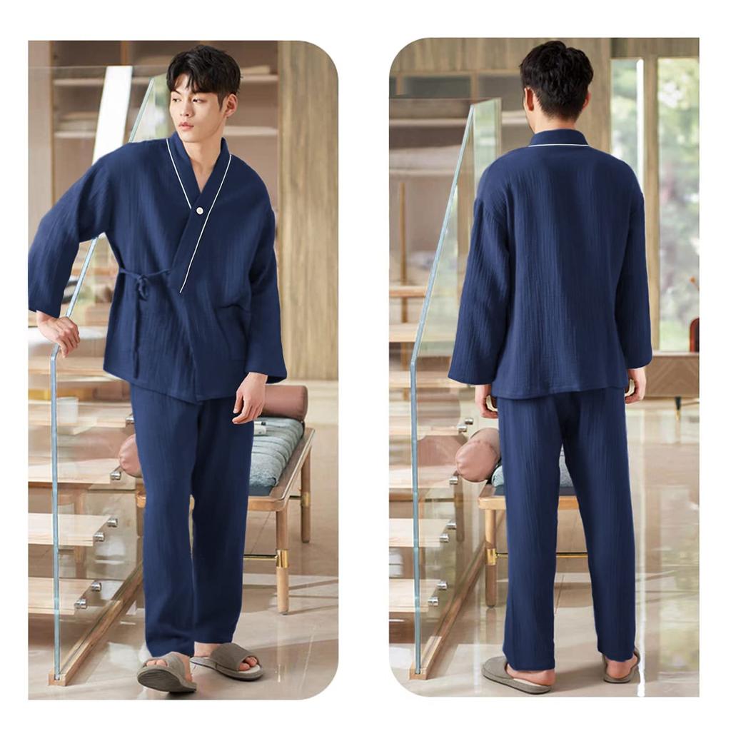 GREATCALL Long Sleeve Double Gauze Top and Bottom Japanese Jinbei Loose Hospital Loungewear Men's Pajamas, 100% Cotton, Set, Style, Style, Soft,