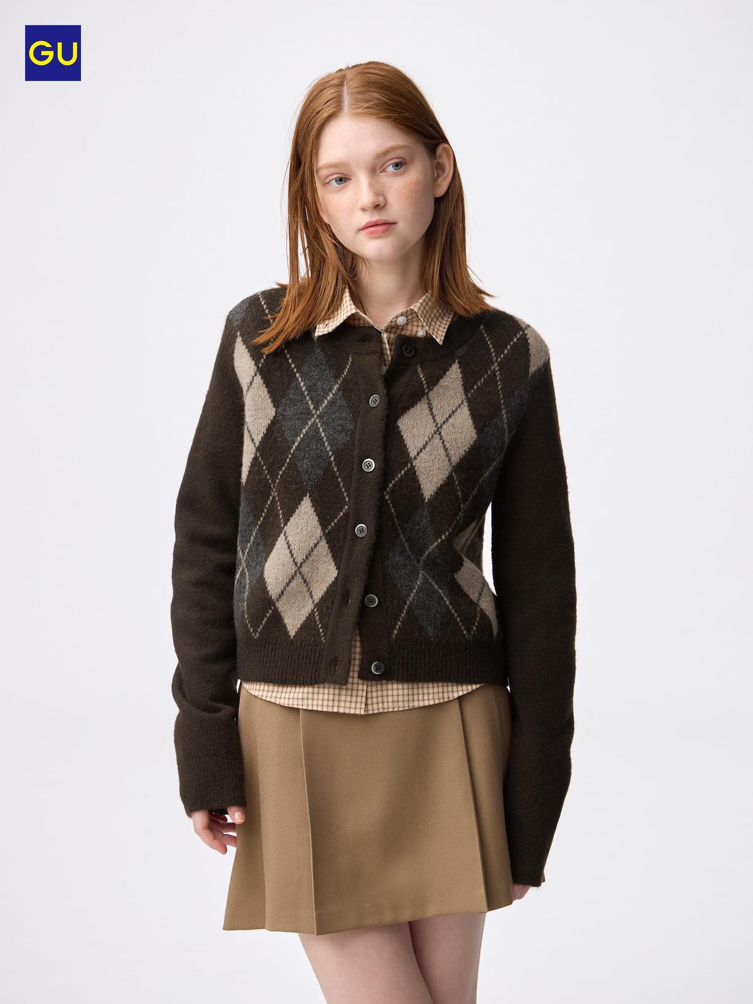 

Uniqlo Gu Пуловер с узором аргайл, с круглым вырезом, короткий кардиган 39 DARK BROWN/WOMEN S