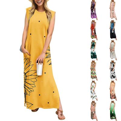 Sommerkleider für Damen, Rundhalsausschnitt, lässig, lockerer Druck, geteilt, faltenfrei, langes Maxi-Strandkleid mit Taschen