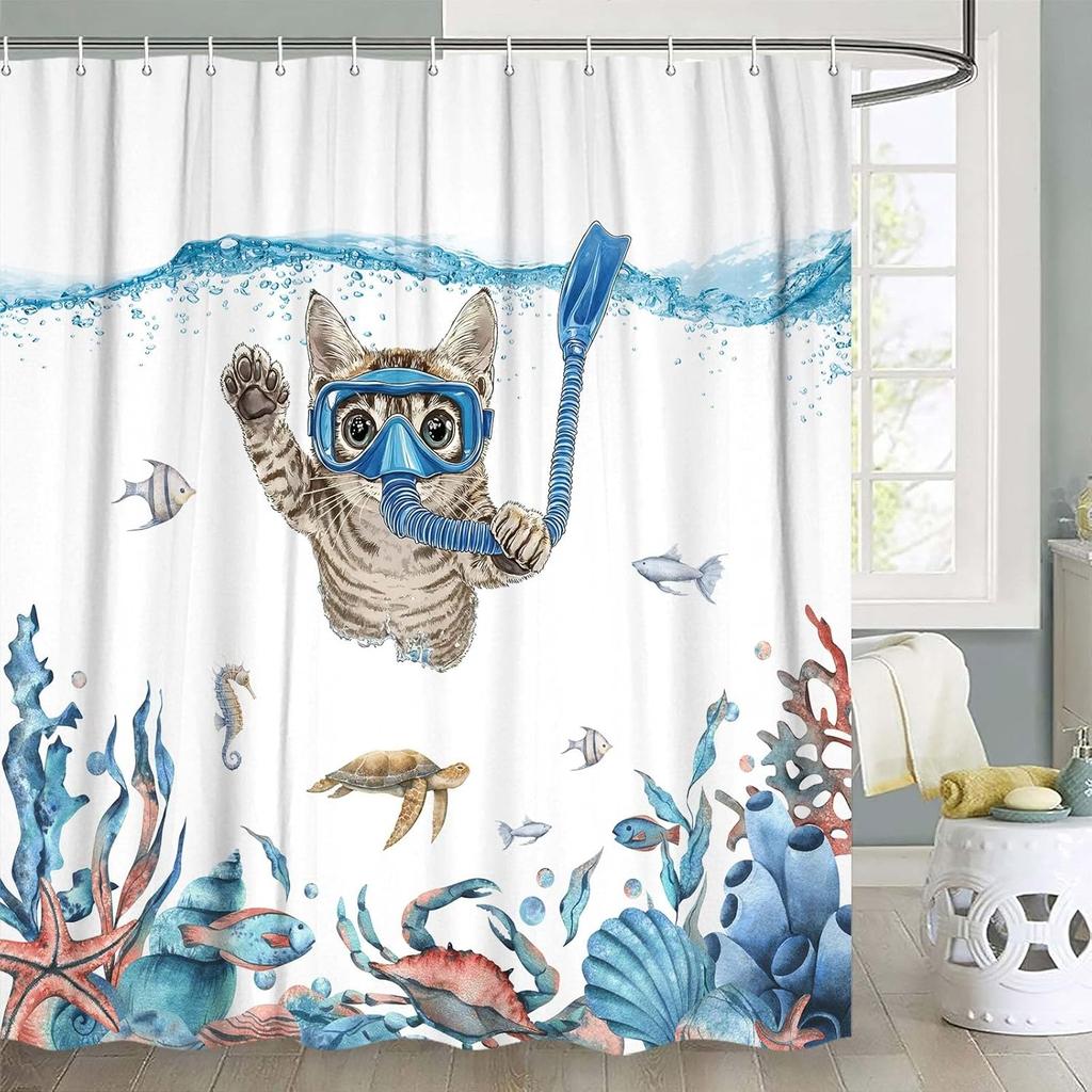 Funny Cat Shower Curtain, Cool Dinosaur Cat in Japanese Kanagawa Waves Shower Curtain for Bathroom, Blue Ocean Fabric Hilarious