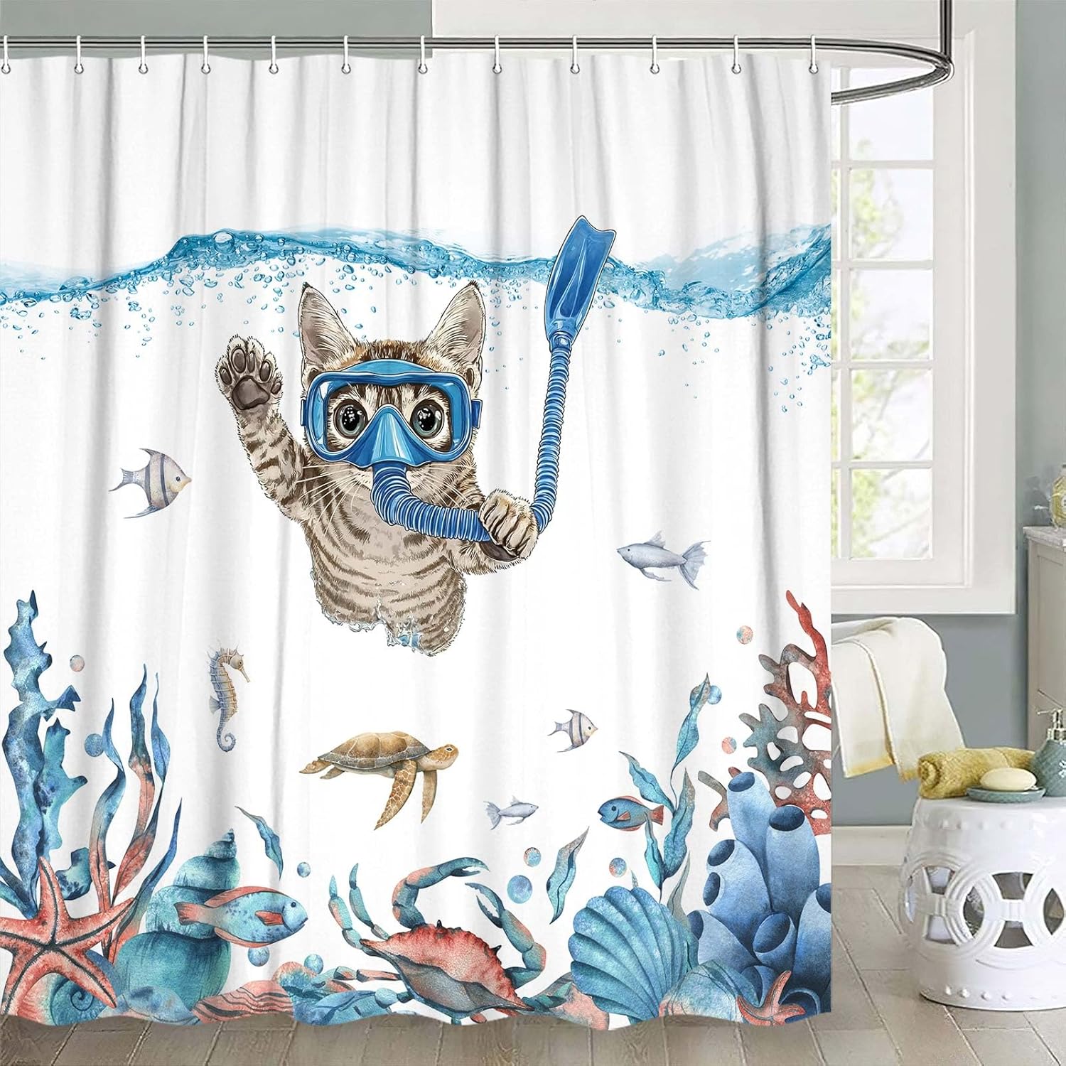 Funny Cat Shower Curtain, Cool Dinosaur Cat in Japanese Kanagawa Waves Shower Curtain for Bathroom, Blue Ocean Fabric Hilarious 90x180CM