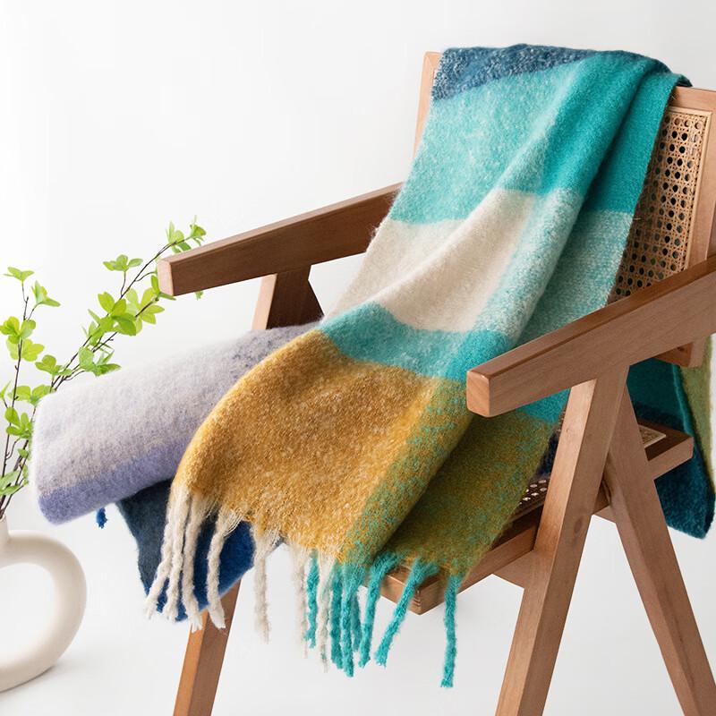 Thick Polyester Twill Scarf with Rainbow Patchwork and Tassels